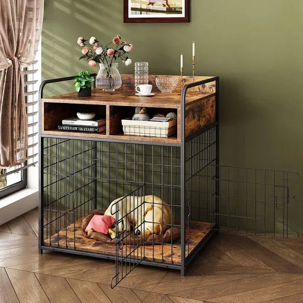 Small Dog Crate Furniture, Puppy Dog Kennel Indoor, Wood Dog Cage Table with Drawers Storage, Heavy Duty Dog Crate, Jaula para Perros, Sturdy Metal, 27.6" L×20.5" W×31.9" H