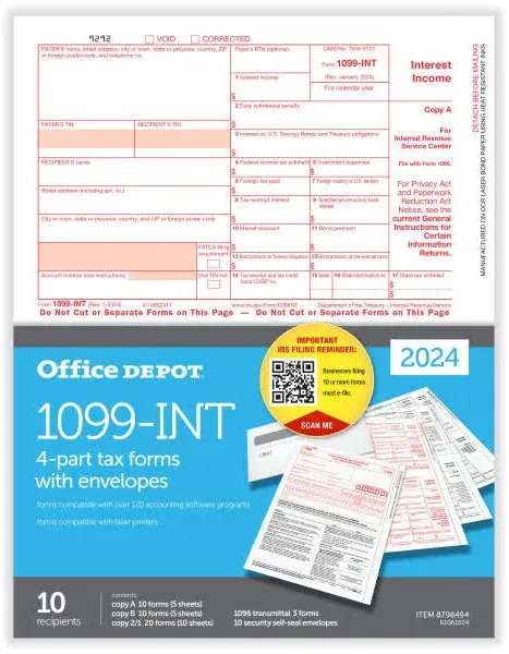 Office Depot 1099-INT Laser Tax Forms and Envelopes