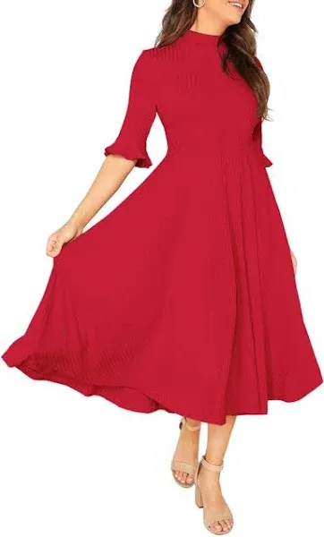 Dusa Women's Elegant Ribbed Knit Bell Sleeve Fit and Flare Midi Dress