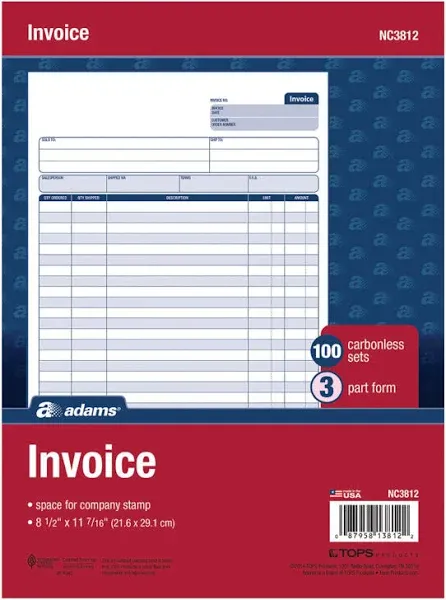 Adams Invoice Unit Set, 8.5 x 11.44 Inch, 3-Part, Carbonless, 100-Pack, White and Canary and Pink (NC3812)