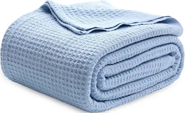 Bedsure 100% Cotton Blanket King Size for Bed - Waffle Weave Fall Blanket, Lightweight and Breathable Soft Woven Blanket for Summer, Blue, 104x90 inches