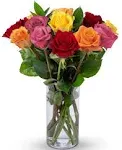 Benchmark Bouquets, 12 Stem Rainbow Roses, Glass Vase Included, Gift Fresh Flowers for Birthday, Anniversary, Get Well, Sympathy, Congratulations, Thank You, Just Because