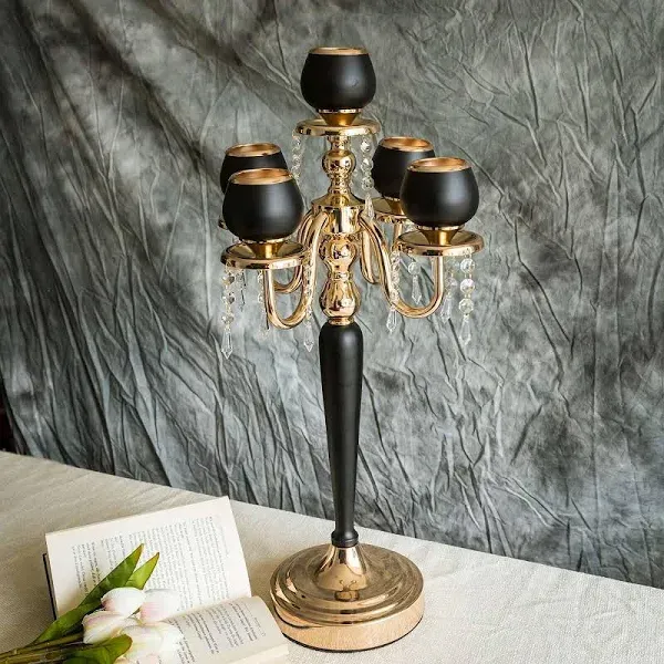 Rosdorf Park 5 Arms 25" Matte Black/Gold Metal Tealight Votive Candle Holder Centerpiece Wedding Table