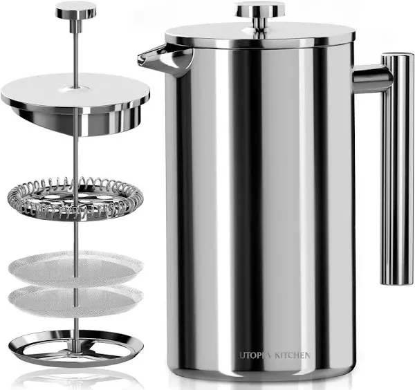 Utopia Kitchen Stainless Steel French Press Coffee Maker 12 Oz, French Press Tea Maker, Camping French Press Coffee Maker, Cold Brew Portable Travel Coffee Presses, Tea Press Gifts Silver