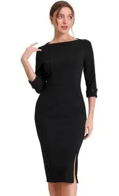 Women&#x27;s Elegant Midi Dress 3/4 Sleeves Black