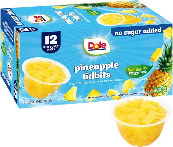 Dole Pineapple Tidbits with No Sugar Added^^ - Dole Fruit Bowls Snacks - 4 oz Fruit Bowls - 12 Pack