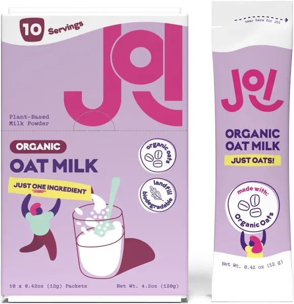 Instant Organic Oat Milk Powder, Unsweetened 10ct Carton by JOI - Dairy Free, Plant Based, Kosher, Shelf-Stable. Perfect for Smoothies, Protein Shakes, Overnight Oats. Tastes like Oats. Single Serve.