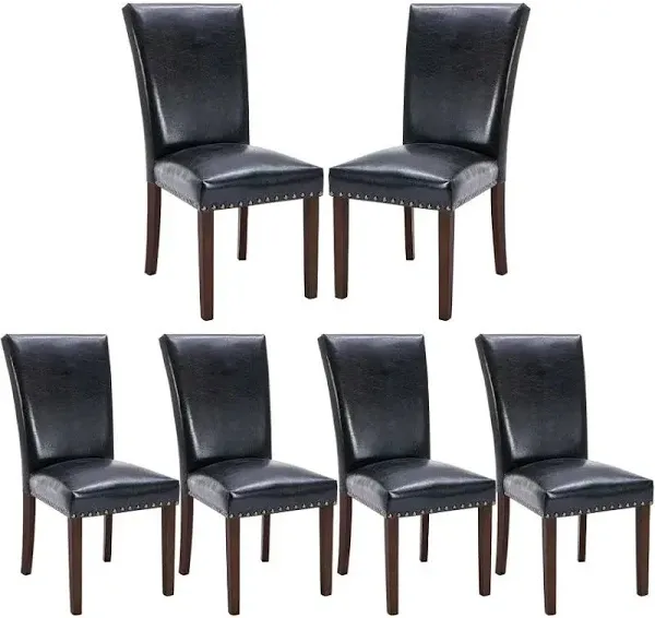 COLAMY Upholstered Parsons Dining Chairs Set of 6, PU Leather Dining Room Kitchen Side Chair with Nailhead Trim and Wood Legs - Black