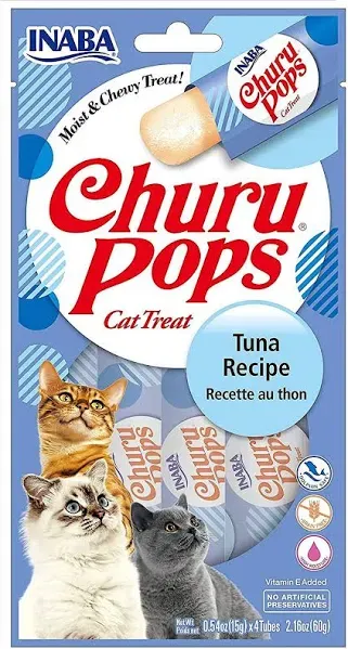 INABA Churu Pops, Grain-Free, Soft, Moist and Chewy Jelly Cat Treats with Vitamin E, 0.54 Ounces Each, 24 Tubes (4 per Pack), Tuna Recipe