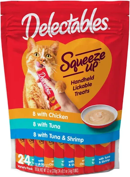 Hartz Delectables Squeeze Up Interactive Lickable Wet Cat Treats for Adult & Senior Cats, Tuna & Shrimp, 24 Count, 12 ounces