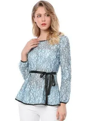 Allegra K Women's Elegant Tie Waist Long Sleeve Top Lace Peplum Blouses