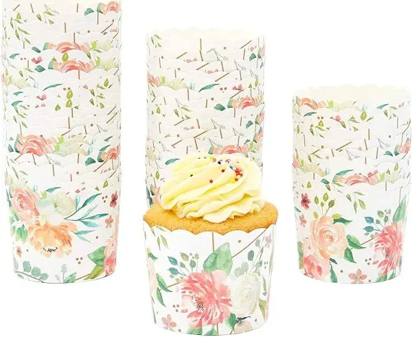 50 Pack Floral Cupcake Wrappers for Wedding, Watercolor Flower Paper Baking Cups