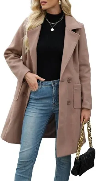 Women Winter Wool Blend Camel Mid-Long Coat Notch Double-Breasted Lapel Jacket