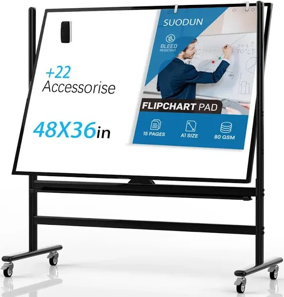 Large Mobile Rolling Magnetic Whiteboard - 48 x 36 Inches Height Adjust Doubl...