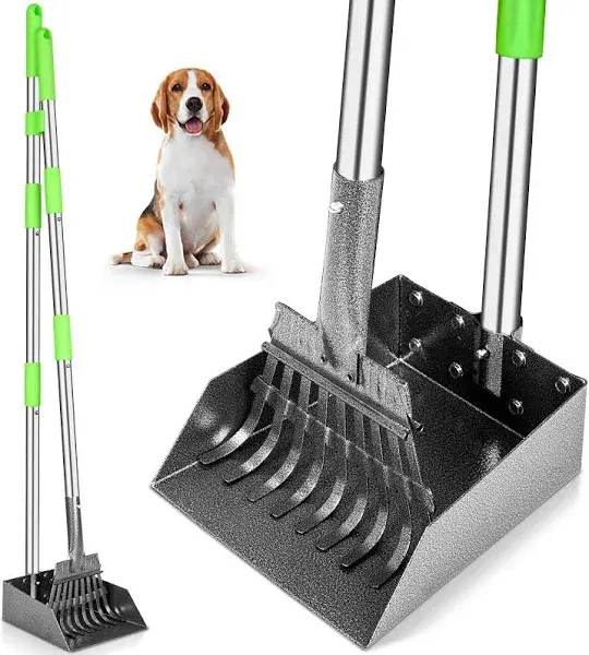 Pooper Scooper, Dog Pooper Scooper Long Handle Stainless Metal Tray and Rake for