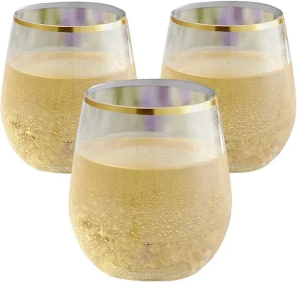 48 piece Stemless Unbreakable Crystal Clear Plastic Wine Glasses Set of 48 (10 Ounce - Silver Rim)