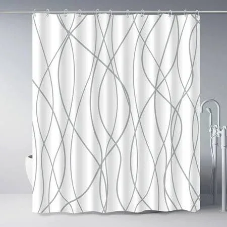 Ivy Bronx Grey and White Striped Fabric Shower Curtain