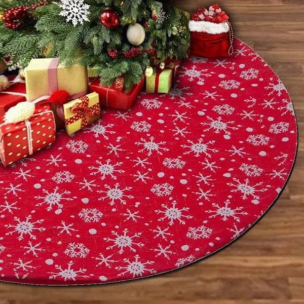 72 Inch Christmas Tree Skirt,Extra Large Red Xmas Tree Skirt with White Snowflake Pattern, Double Layers Rustic Christmas Tree Mat for Christmas Holiday Party Decorations