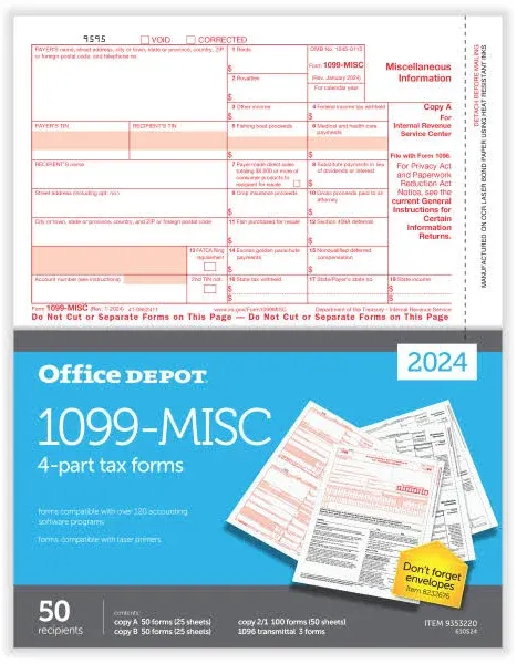 Office Depot Brand 1099-MISC Laser Tax Forms And Envelopes, 4-Part, 2-Up, 10PK