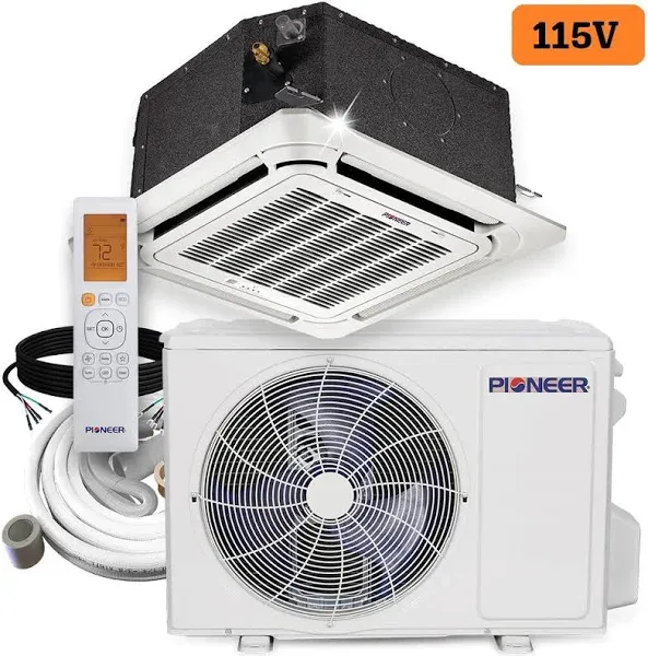 Pioneer 12,000 BTU 21.5 SEER 115V SEER 8-Way Compact Cassette Mini-Split Air Conditioner Heat Pump System Full Set, Without Installation Kit