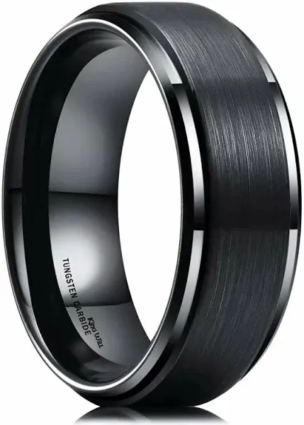 BASIC Men&#039;s Tungsten Carbide Ring 8mm Polished Beveled Edge Matte Brushed Fin...