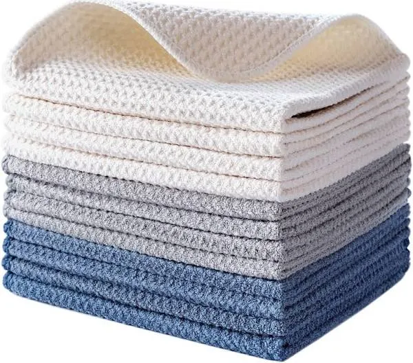  Premium Microfiber Kitchen Dish Cloth 12x12 in Dark Blue, Gray, Off White