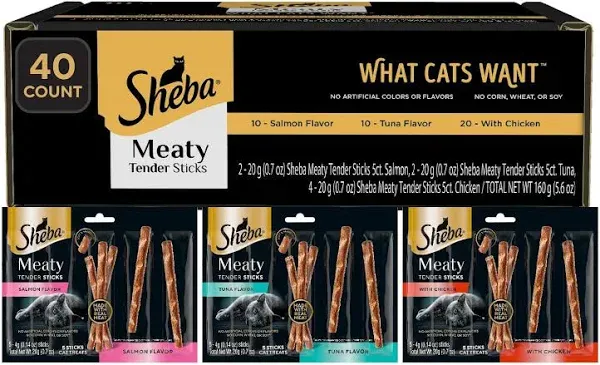 Sheba Meaty Tender Sticks Soft Cat Treats with Chicken, Tuna Flavor, and Salmon Flavor, 0.14 oz., 70 Count