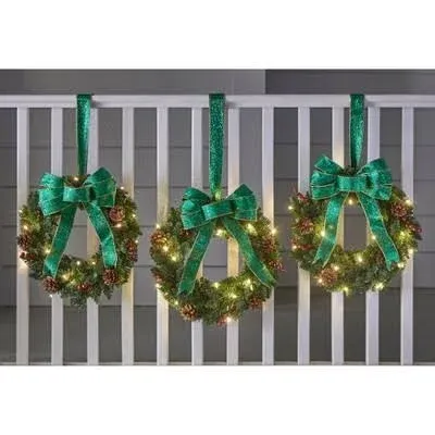 BrylaneHome Set of 3 Cordless Pre-Lit Mini Christmas Wreaths