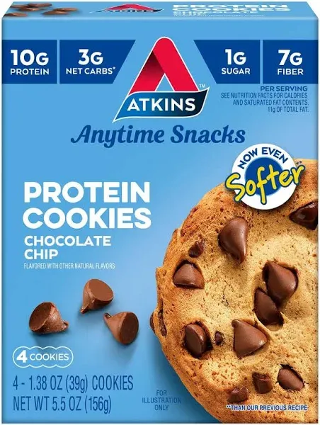 Atkins Chocolate Chip Protein Cookie, Protein Dessert, Rich in Fiber, 3g Net Carb, 1g Sugar, Keto Friendly, 4 Count