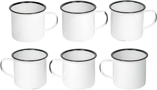 Red Co. Set of 6 Enamelware Metal Medium Classic 12 Oz Round Coffee and Tea Mug with Handle, Distressed White/Black Rim