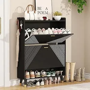 Shoe Storage Cabinet with 2 Flip Drawers, Slim Wooden Freestanding Shoe Cabinet with Coat Hooks, Cubby and Shelf, Hidden Narrow Shoes Rack Organizer for Entryway Hallway, Holds 24 Pairs, Black