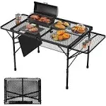 WildFinder Folding Table with 2 Wing Panels 3x2 ft Camping Table with Mesh Desktop Height Adjustable Folding Grill Table with M