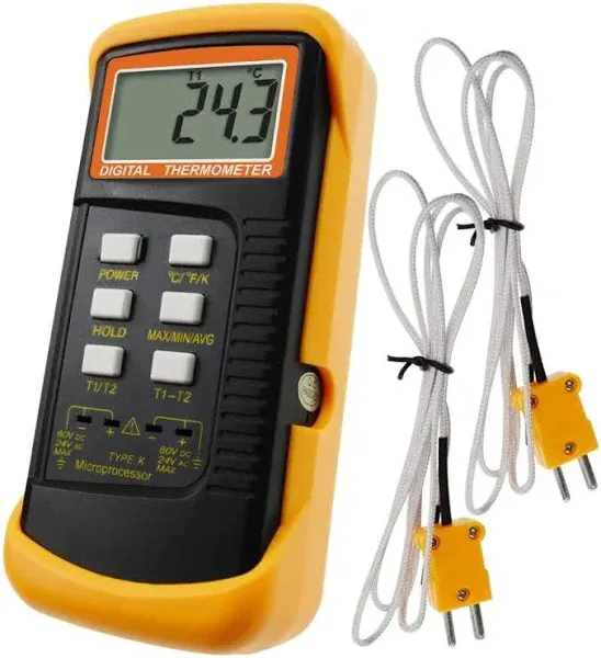 Digital 2 Channels K-Type Thermometer w/ 4 Thermocouples (Wired &amp; Stainless S...