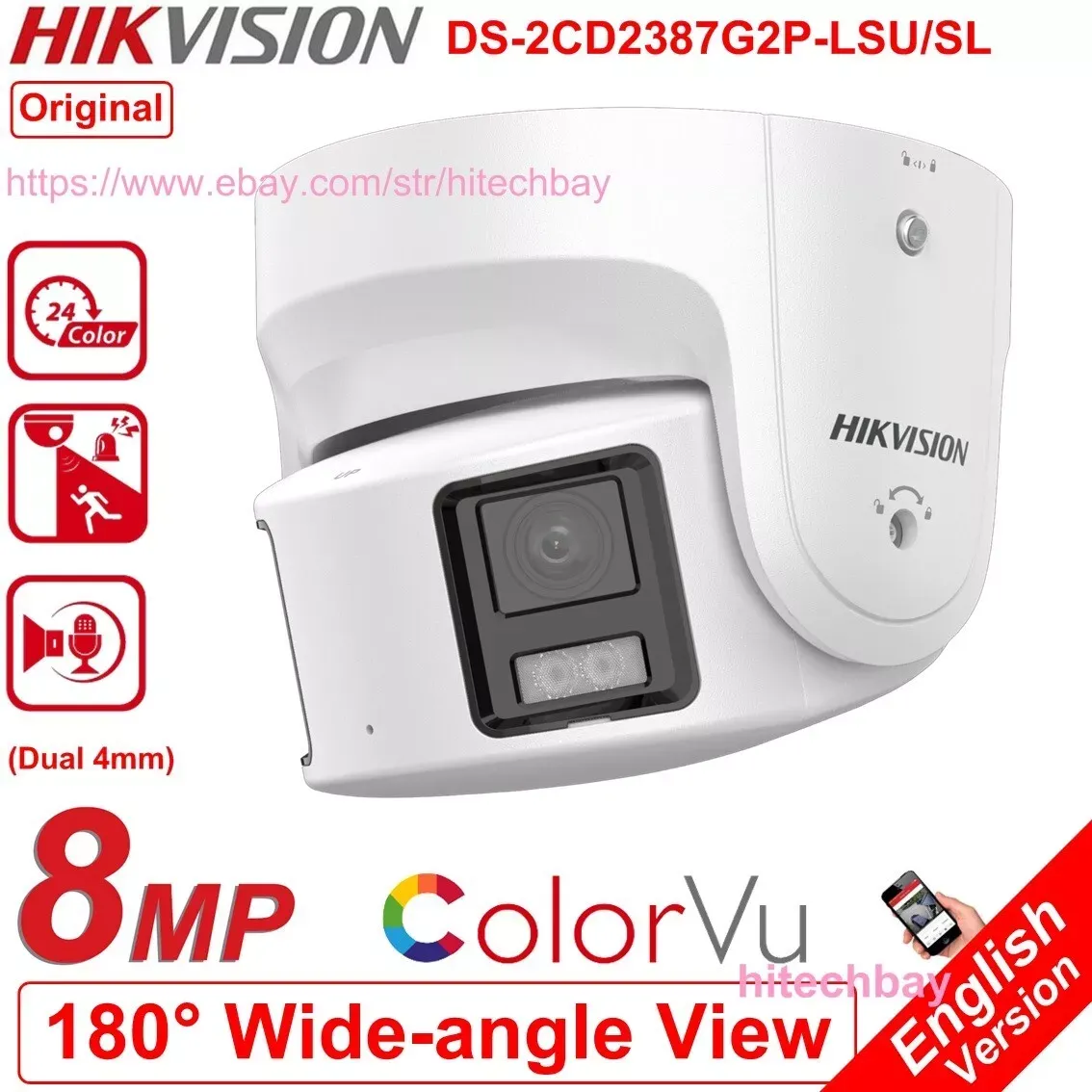 Hikvision DS-2CD2387G2P-<wbr/>LSU/SL 4K 8MP\xa0ColorVu 180° Panoramic Camera 2-Way Audio