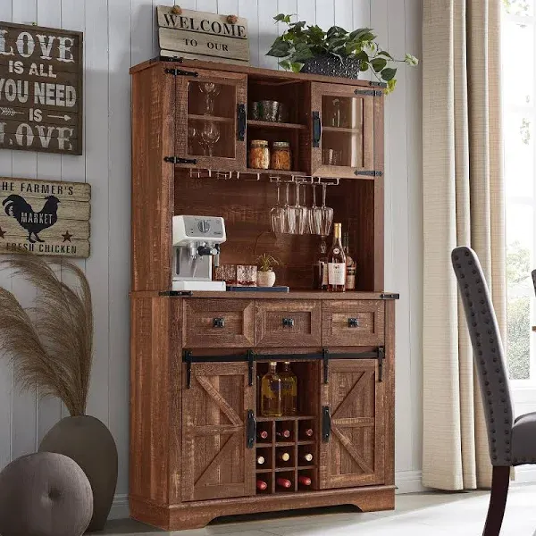 OKD 72" Farmhosue Bar Cabinet with Sliding Barn Door, Large Kitchen Buffet with Hutch w/Wine & Glasses Rack, 3 Drawers, 12 Storage Shelves, Rustic Coffee Bar Sideboard Table, Reclaimed Barnwood Color