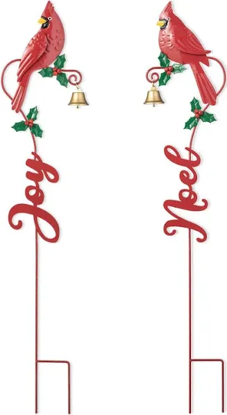 36"H Set of 2 Christmas Metal Cardinal "JOY" and "NOEL" with Bell Yard Stake or Wall Decor