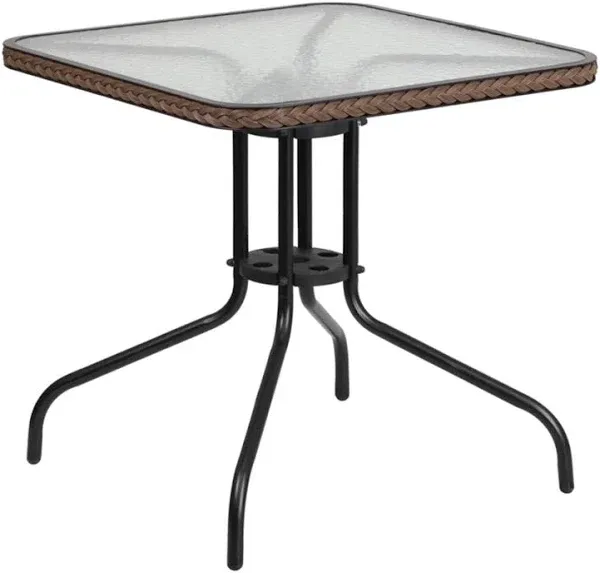 Flash Furniture Barker 28'' Square Tempered Glass Metal Table with Dark Brown Rattan Edging