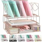 gianotter Desk Organizers and Accessories, Office Supplies Desk Organizer with Sliding Drawer, Double Tray and 5 Upright Section ​File Sorter Organizer (Rose Gold)