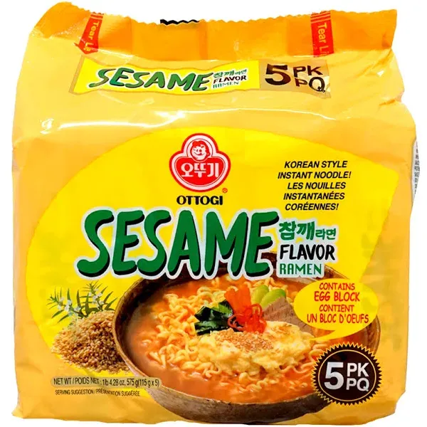 OTTOGI Spicy Sesame Flavor Ramen, SPICY KOREAN STYLE INSTANT NOODLE, Contains Egg Block, Sesame flavor instant noodle (115g) - 5 Pack