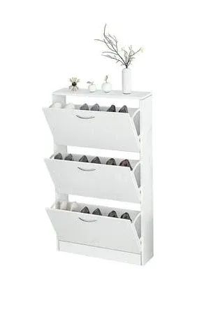 HOPUBUY Shoe Cabinet Storage for Entryway, Narrow Shoe Cabinet Flip Down Shoe Rack Wood 3 Tier White Shoe Organizer Small Shoe Cabinet for Home and Apartment