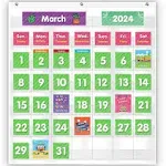 Eamay Classroom Monthly Calendar Pocket Chart with 71 Cards for Kids Learning for Home White