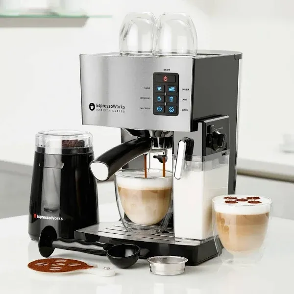 EspressoWorks All-In-One Espresso Machine with Milk Frother 7-Piece Set - Latte Maker Includes Grinder, Frothing Pitcher, Cups, Spoon and Tamper - Coffee Gifts (Stainless Steel)