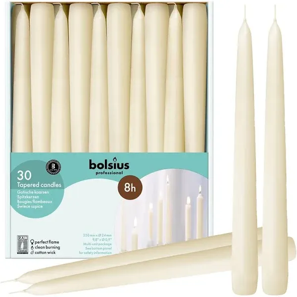 BOLSIUS 30 Count Household Ivory Taper Candles - 10 Inches - Premium European Quality - 8 Burn Hours - Bulk Pack Unscented Dripless and Smokeless Home Décor, Restaurant, Wedding, & Party Candlesticks