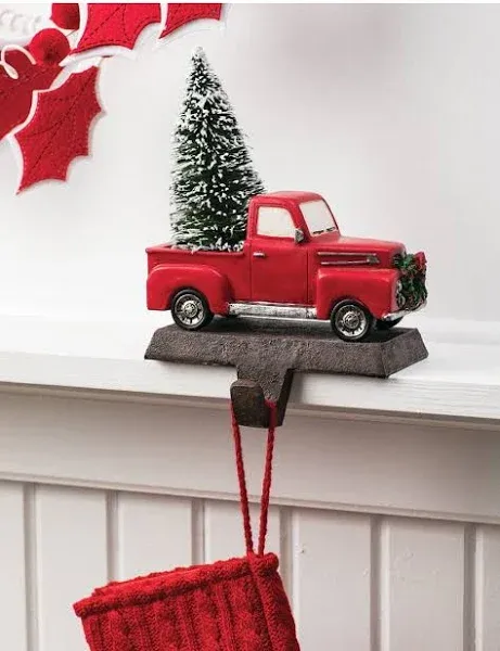 Sullivans Little Red Truck Holding a Christmas Tree Stocking Holders for Mantel, Christmas Stocking Holder for Fireplace, Stocking Hooks for Fireplace Stocking Holders for Holiday Decoration