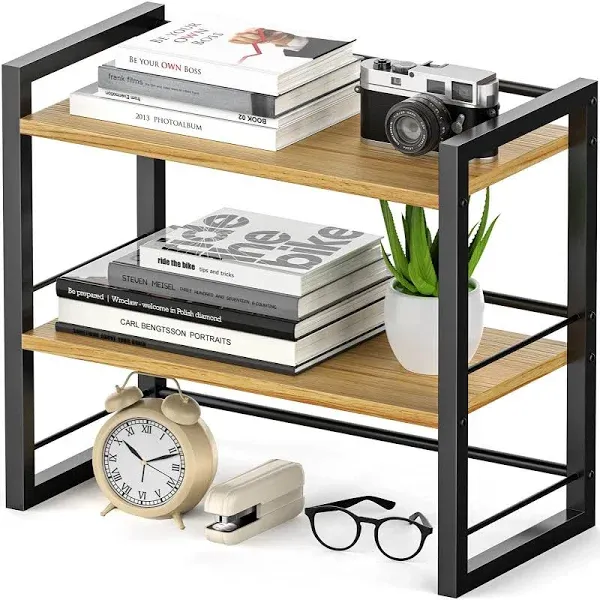 ART-GIFTREE Office Desk Shelf Organizer, Wood Desktop Bookshelf Supplies Storage Rack, Shelf for Top of Desk and Dresser (Black-2 Tier)