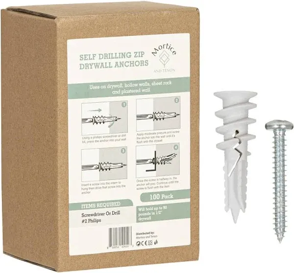 Premium Splitting Nylon 66 Self-Drilling Drywall Anchors and Screws Kit | Used On Drywall, Plaster Board, Sheetrock, Gypsum, Hollow Wall | 50#8X 1-1/4 Philips Screws and 50 Plastic Anchors - 90 Lbs