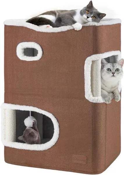 YIATHOME 2 Storey Cat House, Cat Beds for Indoor Cats, Small Cat Condo with Scratch Post and Hideaway Cave, Modern Cat Cube Playhouse for Multi Kittens, Extended Style, Grey