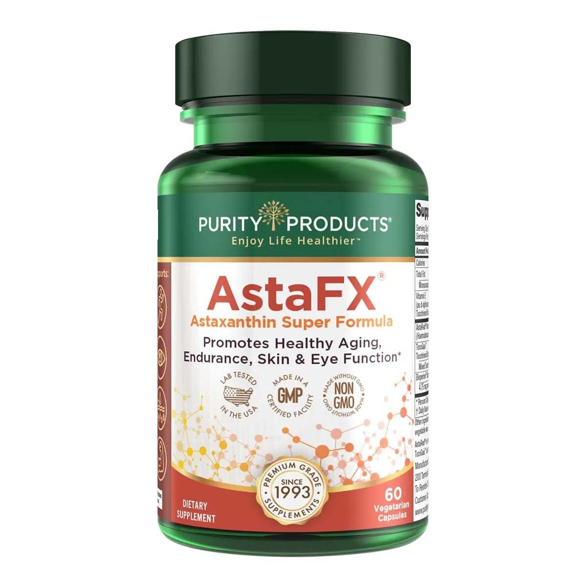 Purity Products AstaFX Astaxanthin Antioxidant Super Formula from Clinically Tested 4 mg AstaREAL with Full Spectrum Tocotrienols (Vitamin E) + BioPerine Black Pepper + Piperine - 60 Vegetarian Caps