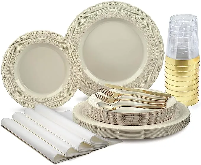 " OCCASIONS " 150pcs set (25 Guests)-Extra Heavyweight Vintage Wedding Disposable/Reusable Plastic Plates (25 x 11'' + 25 x 8.25'') + Silverware (Chateau Collection in Ivory)