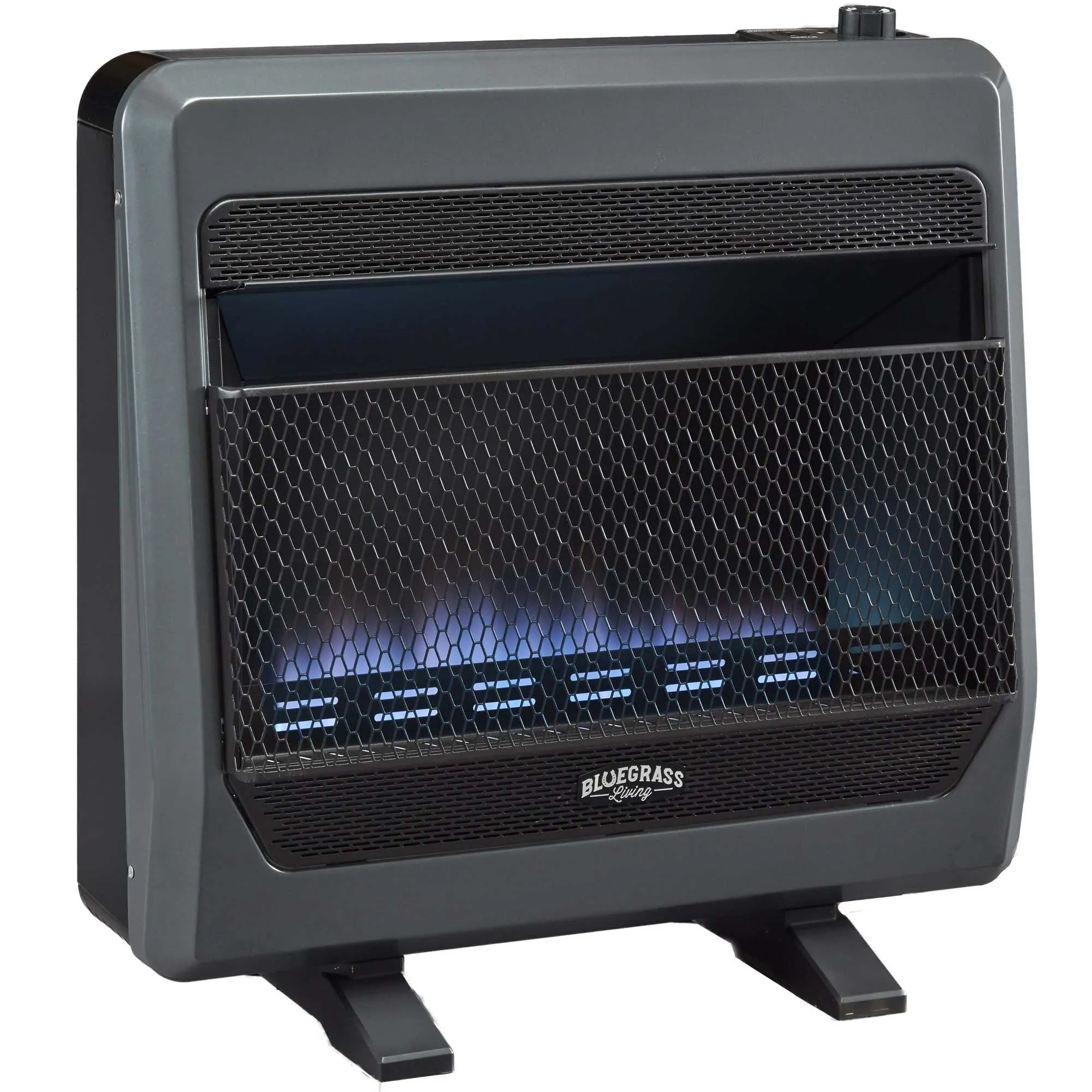 Bluegrass Living B30TPB-BB Ventless Propane Gas Blue Flame Space Heater with Thermostat Control, 30000 BTU, Heats Up to 1400 Sq. Ft., Includes Wall Mount, Base Feet, and Blower, Black